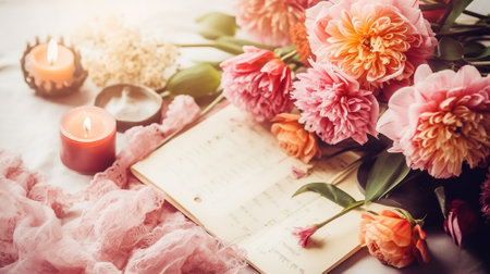 Bouquet of pink peonies, book and candles on a bed in the morningの素材