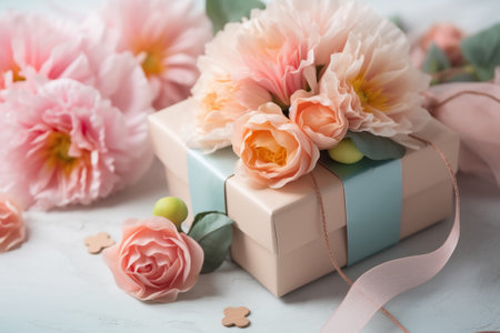 Gift box and beautiful flowers on white table, soft focus backgroundの素材