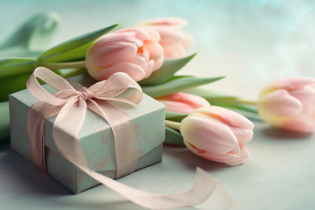 Beautiful tulips and gift box on light background, closeupの素材