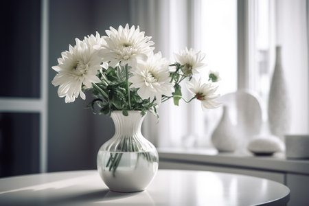 White chrysanthemums in a vase on the tableの素材