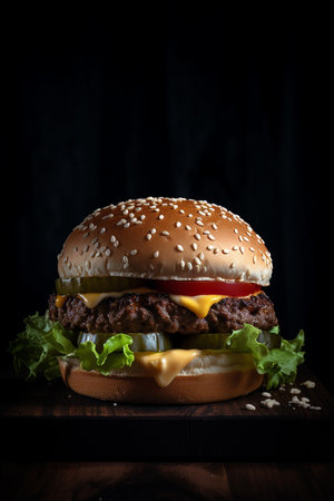 Delicious hamburger on wooden table over black background. Toned.の素材
