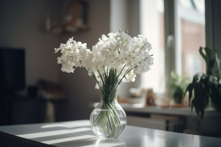 Bouquet of white orchids in vase on tableの素材