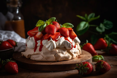 Meringue Pavlova with fresh strawberries and mint on wooden backgroundの素材