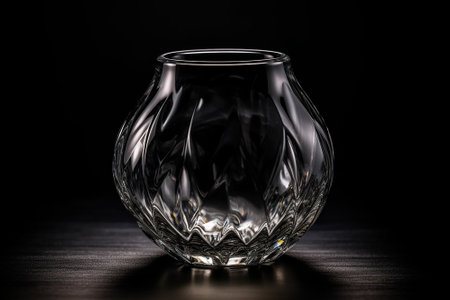 Empty glass vase on wooden table. black background. Close-up.の素材