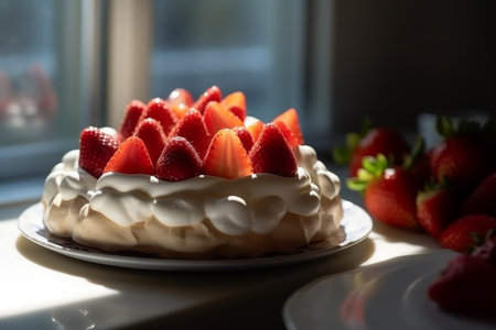 Pavlova cake with strawberries on a white plate on the windowsillの素材