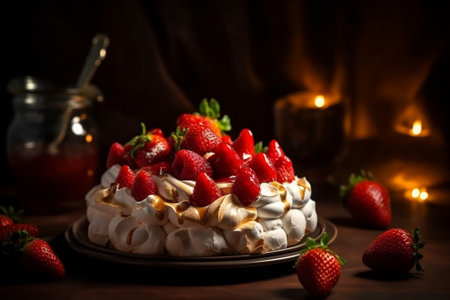 Pavlova cake with strawberries and whipped cream on a dark backgroundの素材