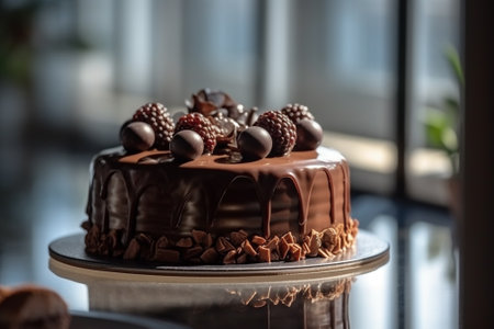 Chocolate cake with blackberries and raspberries on a glass tableの素材