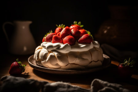 Meringue Pavlova cake with fresh strawberries on wooden backgroundの素材