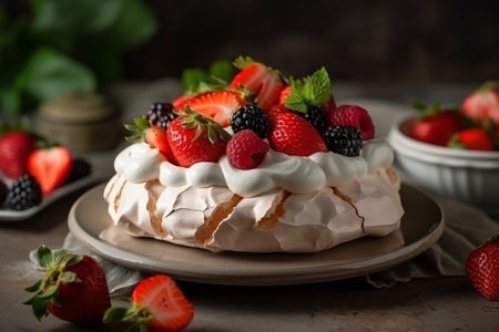 Meringue Pavlova cake with fresh berries, selective focusの素材