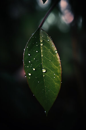 Green leaf with water droplets on it. Shallow depth of field.の素材