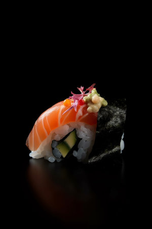 Sushi roll with salmon, caviar and wasabi isolated on black backgroundの素材