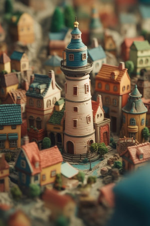 Miniature city with lighthouse and houses, vintage toned photo.の素材