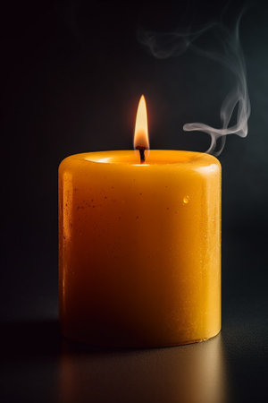 Burning orange candle on a black background. Shallow depth of field.の素材