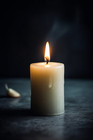 Burning candle on a dark background. Shallow depth of field.の素材