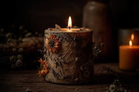 Burning candle with dried flowers and candles on wooden background, close upの素材
