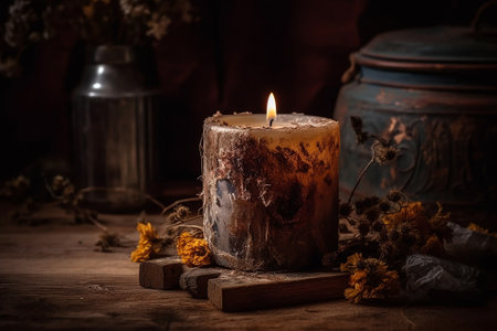 Still life with candle and dried flowers on wooden background. selective focus.の素材