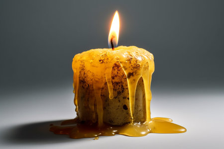 Burning candle in a wooden candlestick on a dark backgroundの素材
