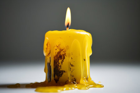 Still life with a burning candle on a wooden table in the darkの素材