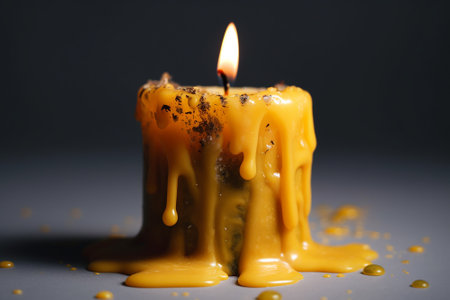 Burning wax candle on a white background. Shallow depth of fieldの素材