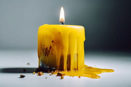 Burning wax candle on a black background with drops of water.の素材