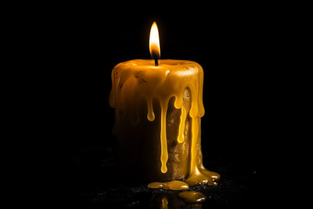 Burning wax candle on a black background. Close-up.の素材