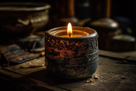Burning wax candle on a dark background. Shallow depth of field.の素材