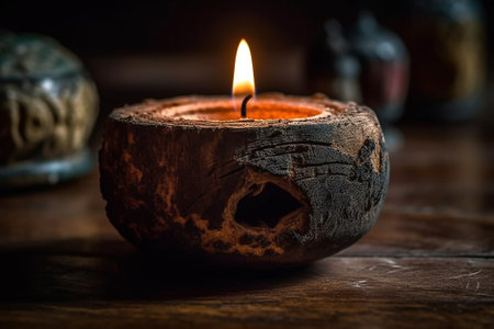 Burning candle in an old clay pot on a wooden table.の素材
