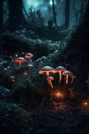 Magic Mushrooms in the forest at night. Mushrooms in the forestの素材