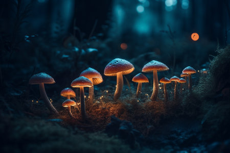 Magic Mushrooms in the forest at night with bokeh lightsの素材