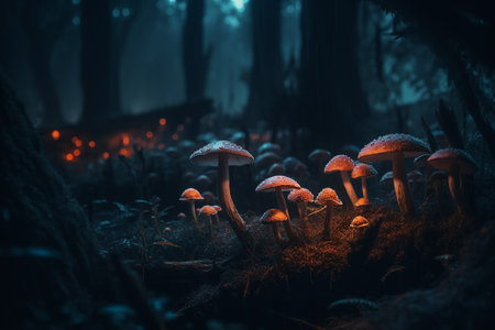 Magic Mushrooms in the forest at night with fog in the backgroundの素材