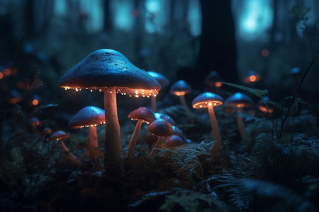 Magic Mushrooms in the forest at night. Beautiful macro shot.の素材