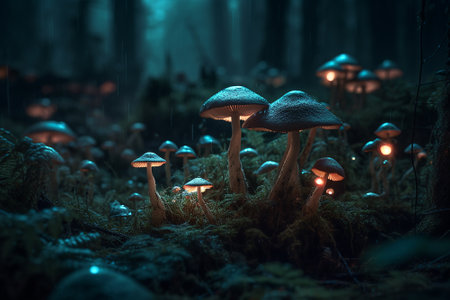 Magic Mushrooms in the forest at night with fog and lights.の素材