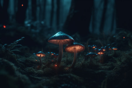 Magic Mushrooms in the dark forest at night. selective focusの素材