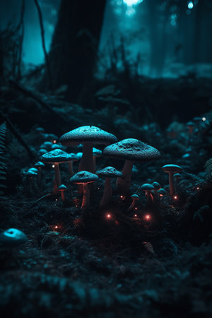 Magic Mushrooms in the forest at night with fog and lights.の素材