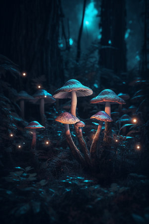 Magic Mushrooms in the forest at night. Fairytale landscape.の素材