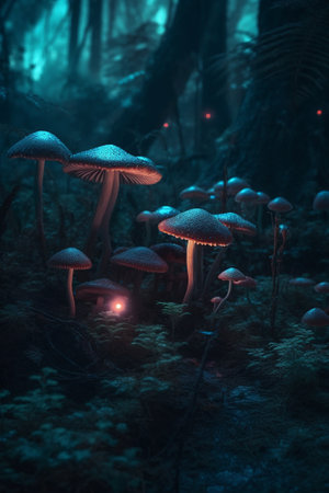 Magic Mushrooms in the rainforest at night. fairy forest.の素材