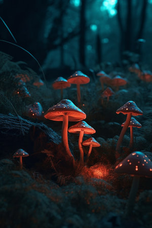 Magic Mushrooms in the forest at night with fog and lights.の素材