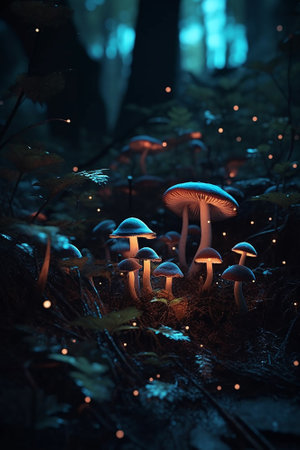 Magic Mushrooms growing in the forest at night. Beautiful nature background.の素材
