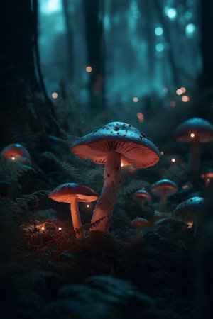 Magic Mushrooms in the forest at night with fog in the backgroundの素材