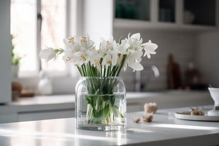 Beautiful bouquet of freesia flowers in glass vase on table in kitchenの素材