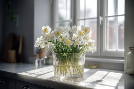 Bouquet of white daffodils in a glass vase on the windowsillの素材