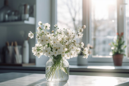 Bouquet of white flowers in a glass vase on the windowsillの素材