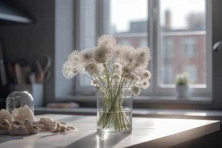 Beautiful bouquet of dandelions in glass vase on table indoorsの素材