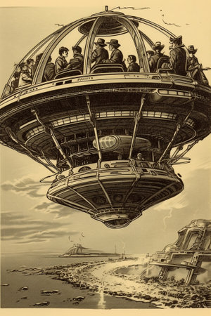 Vintage style image of a flying saucer over the sea.の素材