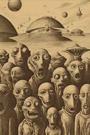 Zombie aliens in space. Hand drawn engraved illustration for your designの素材
