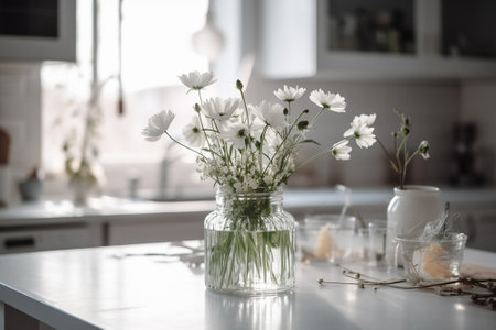 Bouquet of white daisies in glass vase on table in kitchenの素材