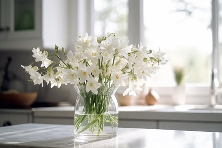Bouquet of white flowers in glass vase on table in kitchenの素材