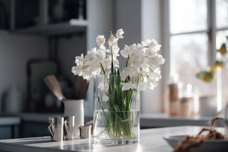 Bouquet of white daffodils in glass vase on table in kitchenの素材