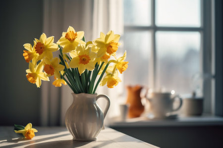 Bouquet of yellow daffodils in vase on windowsillの素材