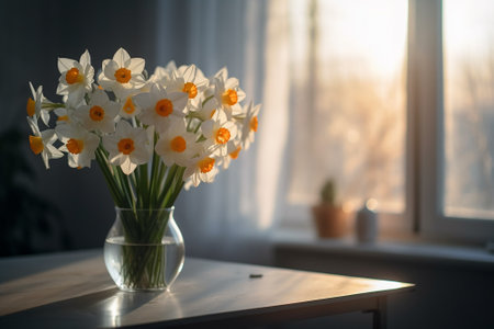 Bouquet of daffodils in a glass vase on the windowsillの素材